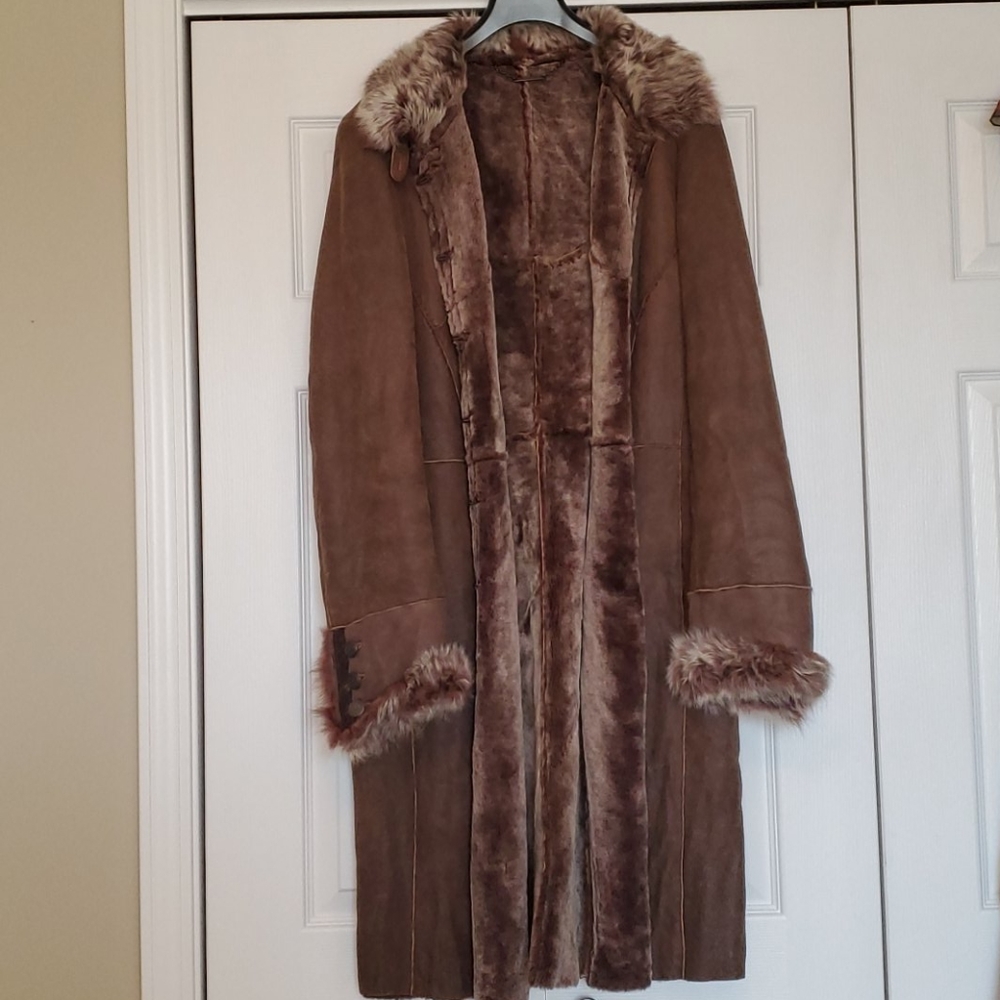 Elie Tahari brown shearling coat genuine lamb leather size large euc